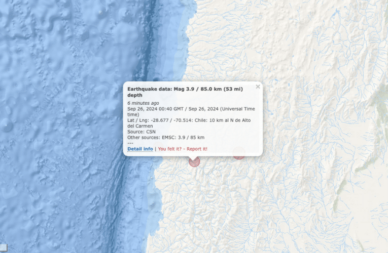 Sismo 3.9 – Huasco, Atacama, Chile, miércoles, 25 de septiembre de 2024, a las 09:40 pm